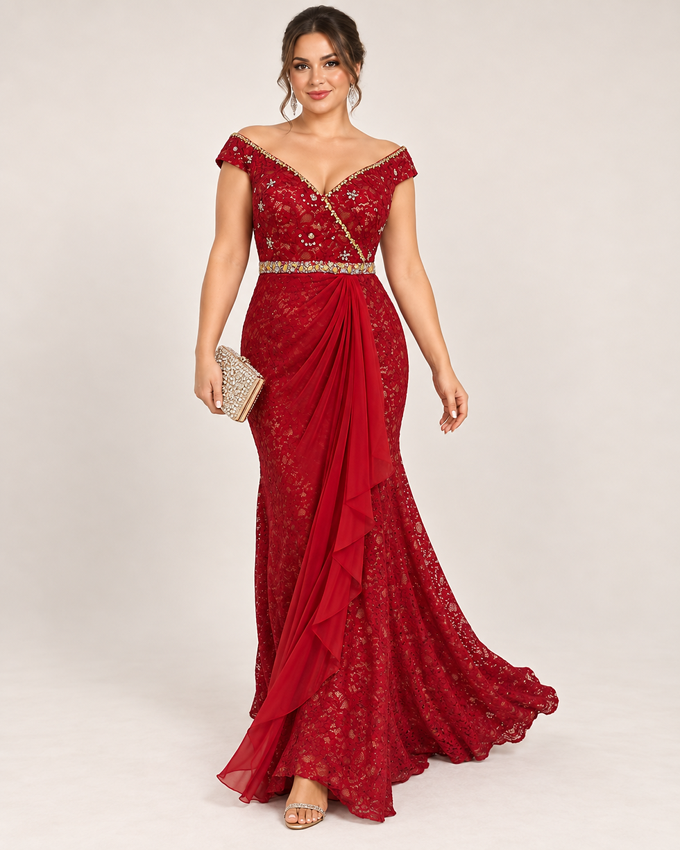 Front image of model wearing a red evening party dress wedding guest