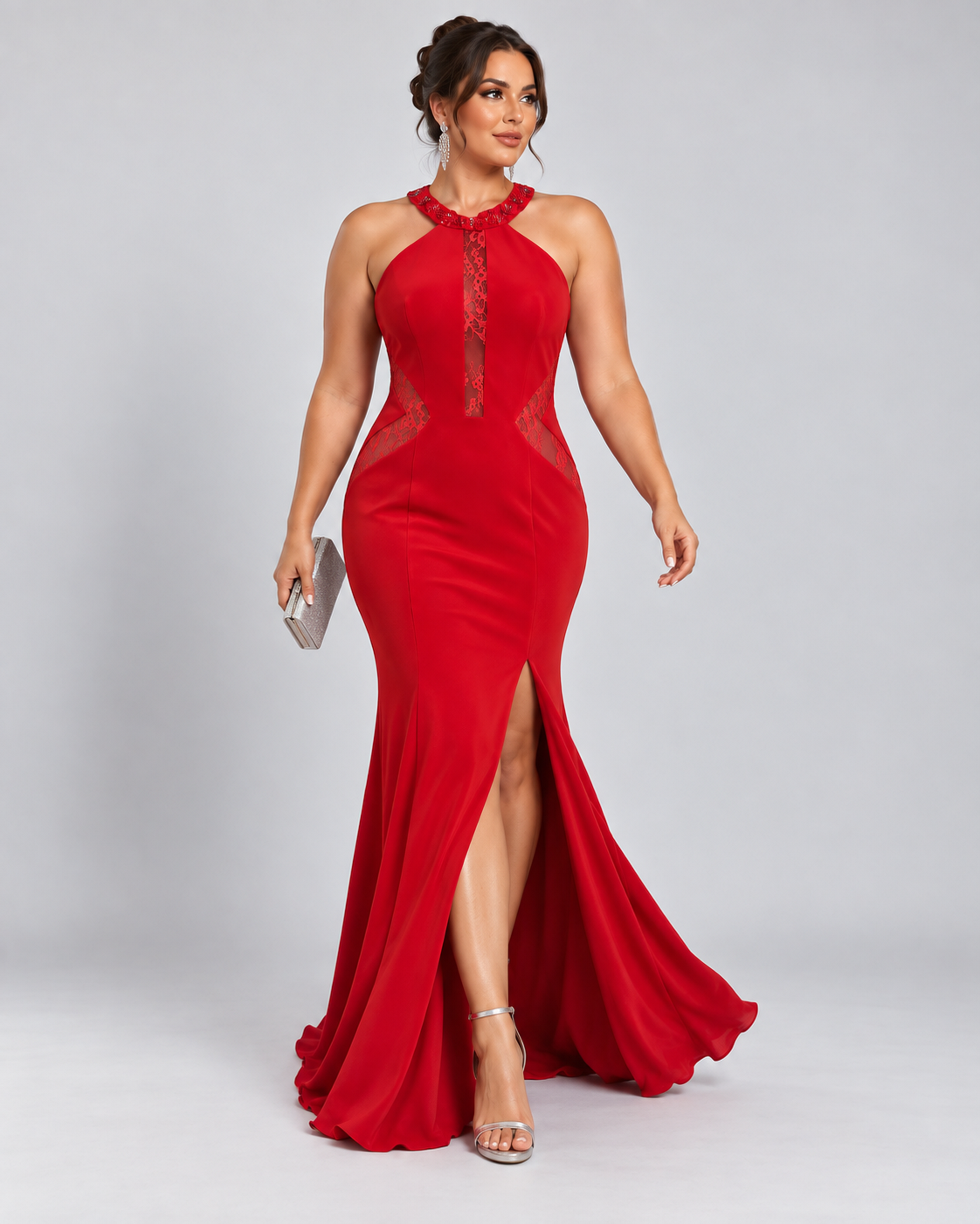 Front view of model wearing halter neck fiery red evening dress on clearance sale