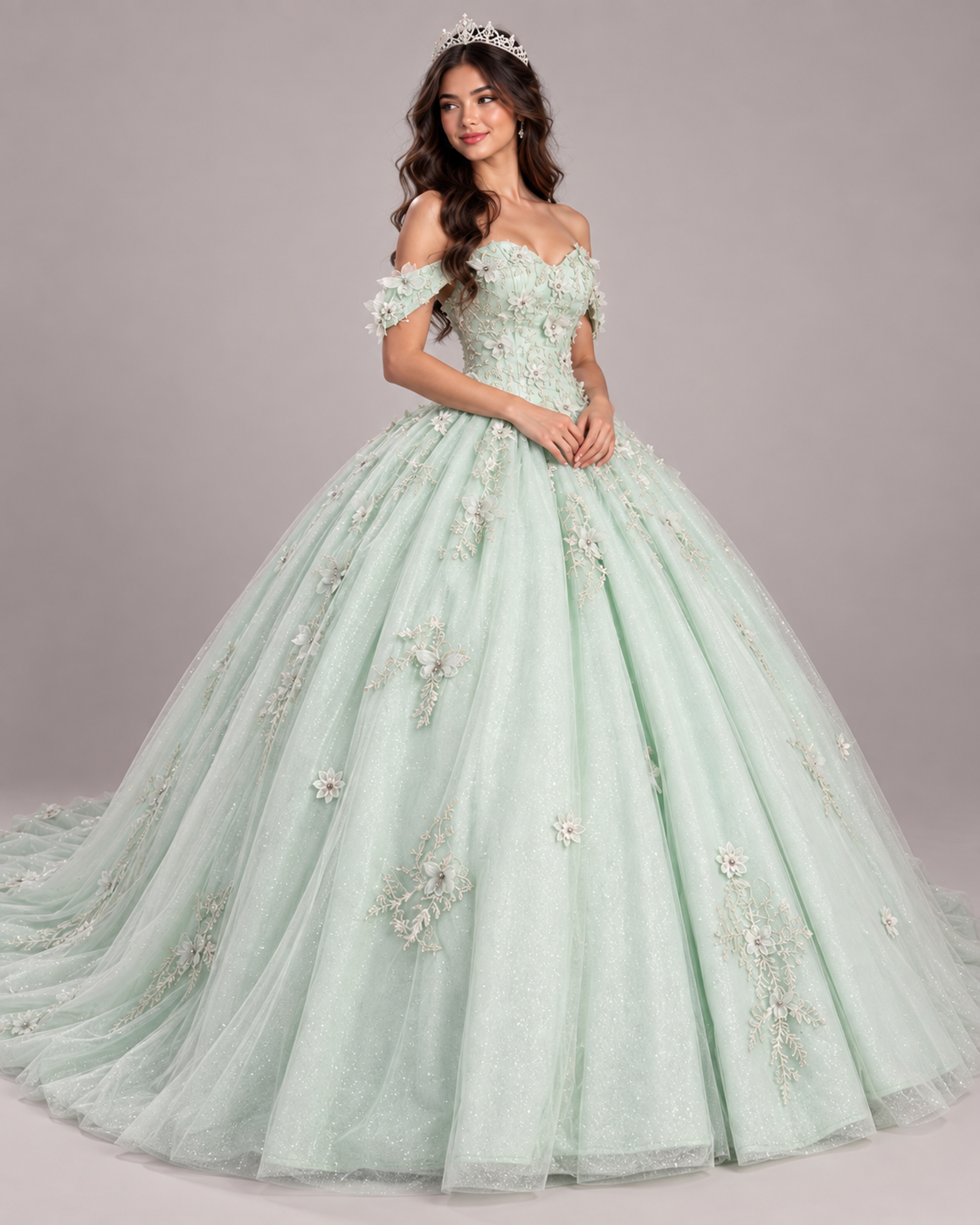 Front view of Mint green off-the-shoulder quinceañera ball gown with glitter tulle and 3D floral appliqués