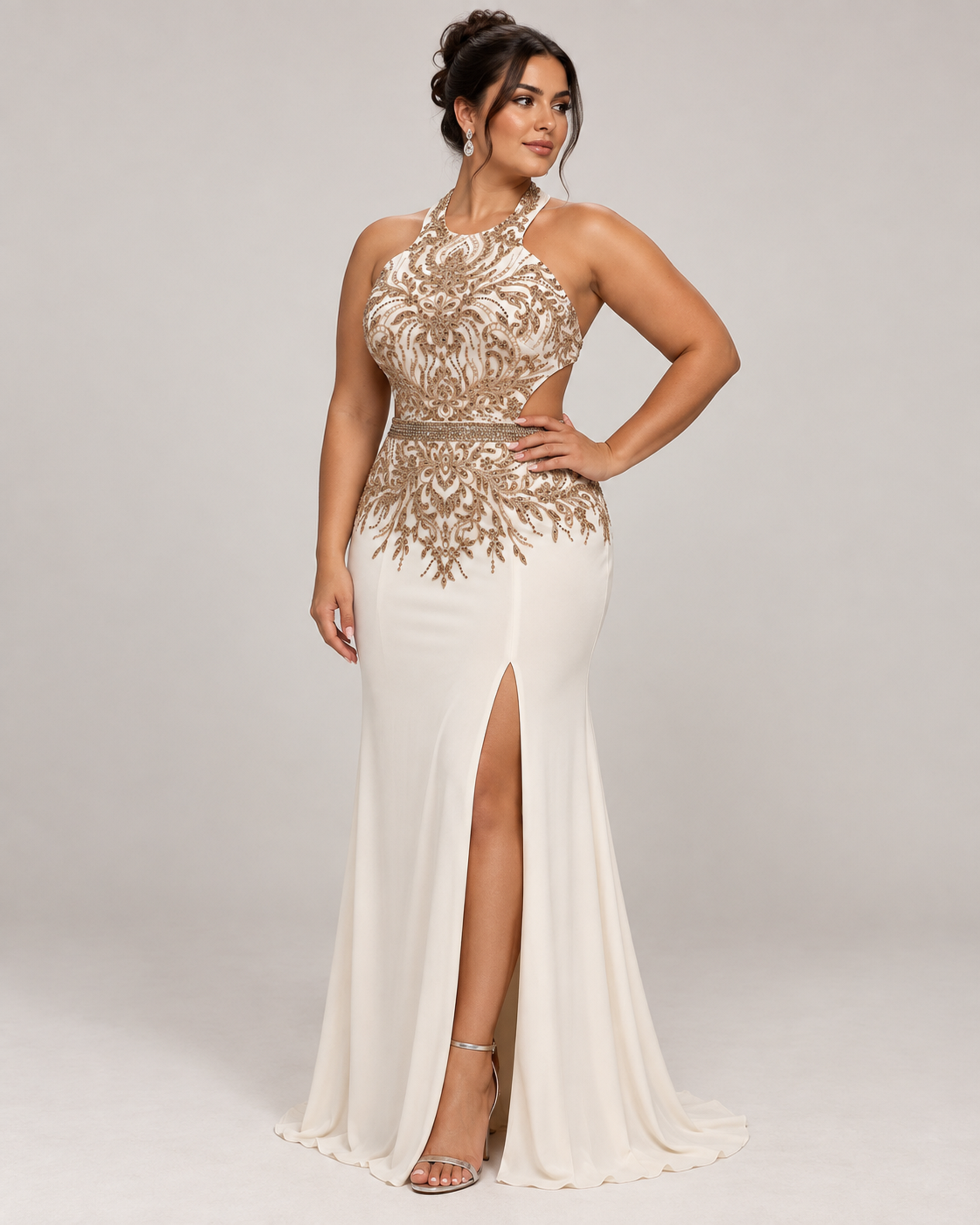 Front view of model wearing the white halter neck slit gown ideal for parties prom and engagement events now on sale