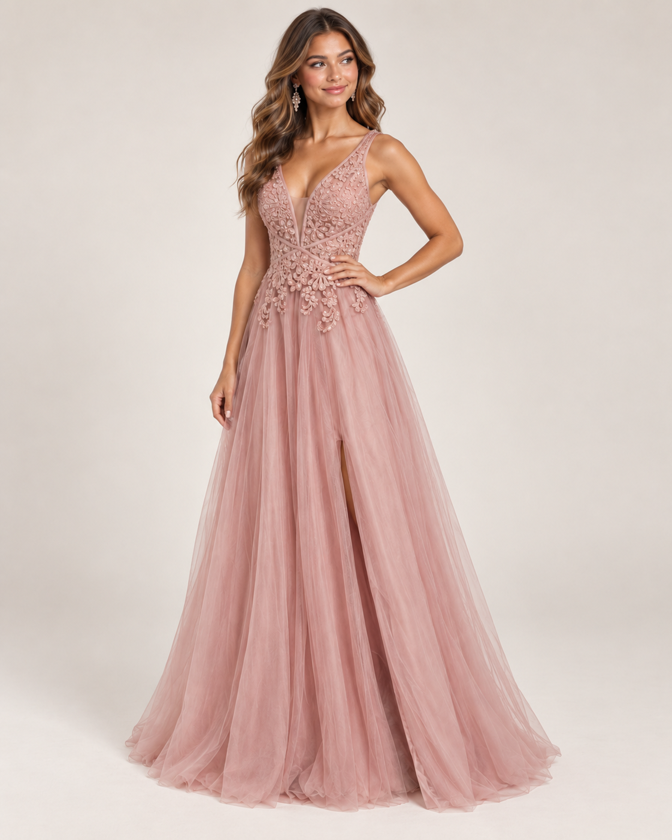 Front view of model wearing the pink evening dress ideal for proms and parties