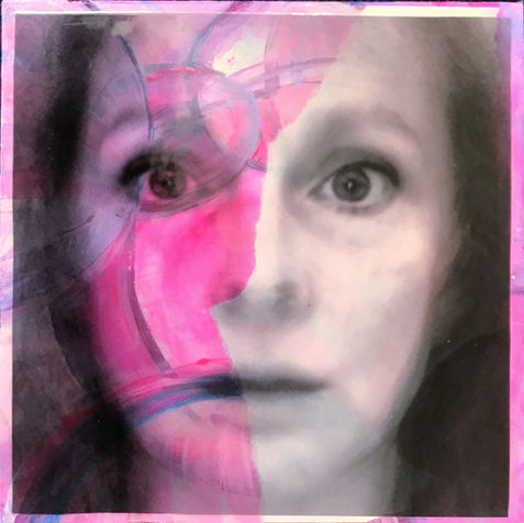 Abstracted Average. AI portrait by Rachel Solimeno. 8x8", mixed media on panel, 2023
