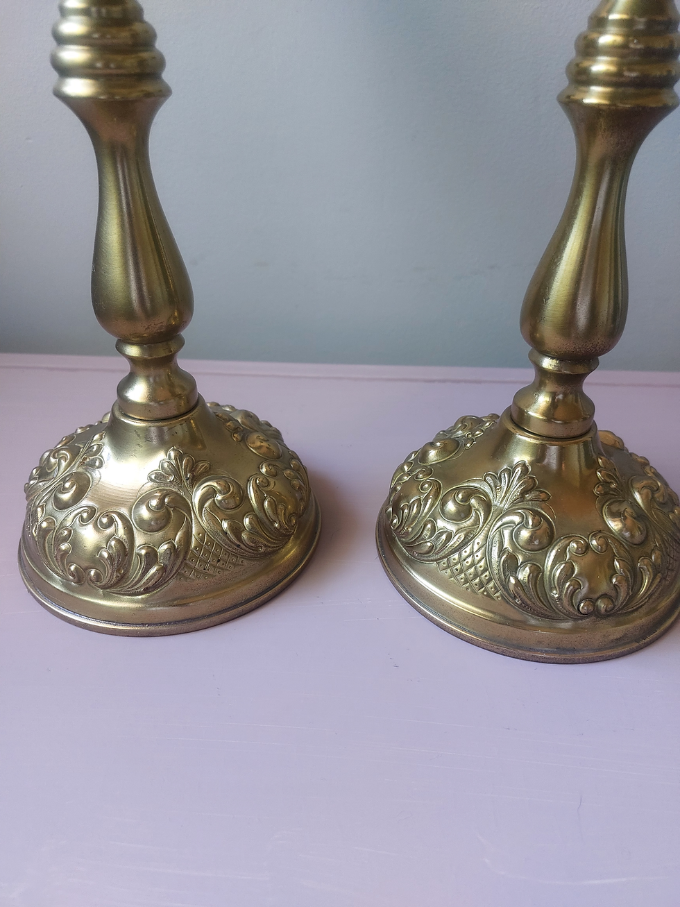 Thumbnail: Pair of  Early Century Ornate Brass Candelabras