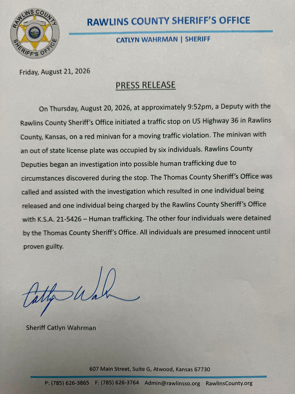 Human Trafficking Arrest in Rawlins County