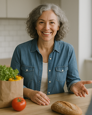 Smiling woman showing fresh groceries
