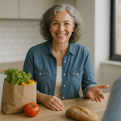 Smiling woman discussing healthy food choices