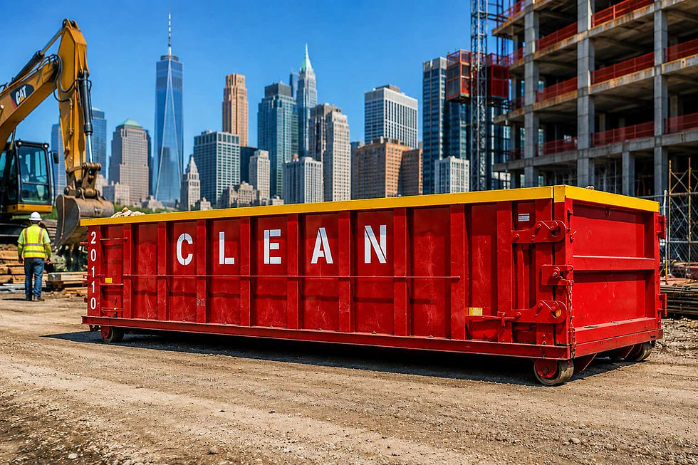 Red dumpster labeled CLEAN at a city construction site, with excavator, worker, and skyline in the background.