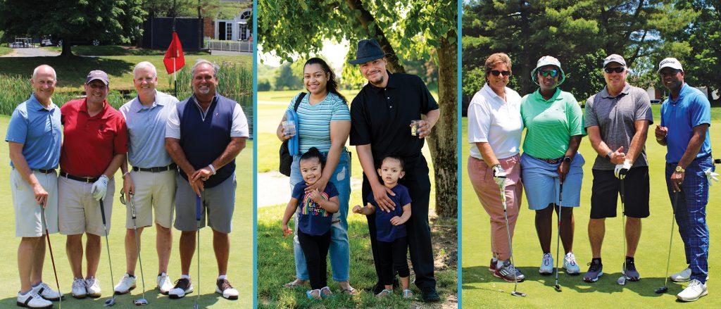 Groups of people on a golf course, smiling with golf clubs and casual attire. Green grass, trees in the background, sunny day.