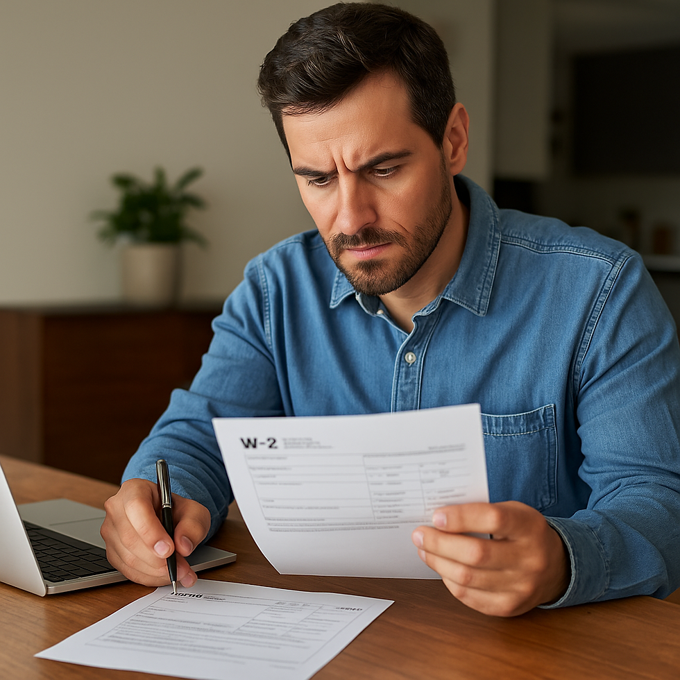 Man in denim shirt looks concerned while reviewing a W-2 form at a desk. Pen in hand, laptop nearby, with a plant in the background.