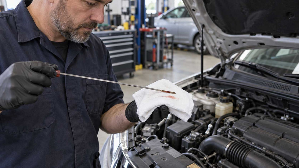 Auto technician checking transmission fluid condition on a dipstick