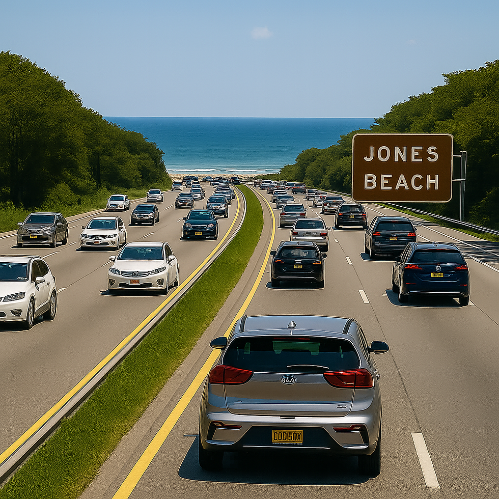 Cars drive on a busy highway towards the ocean with a brown sign reading "Jones Beach." Green trees line the road under a clear blue sky.