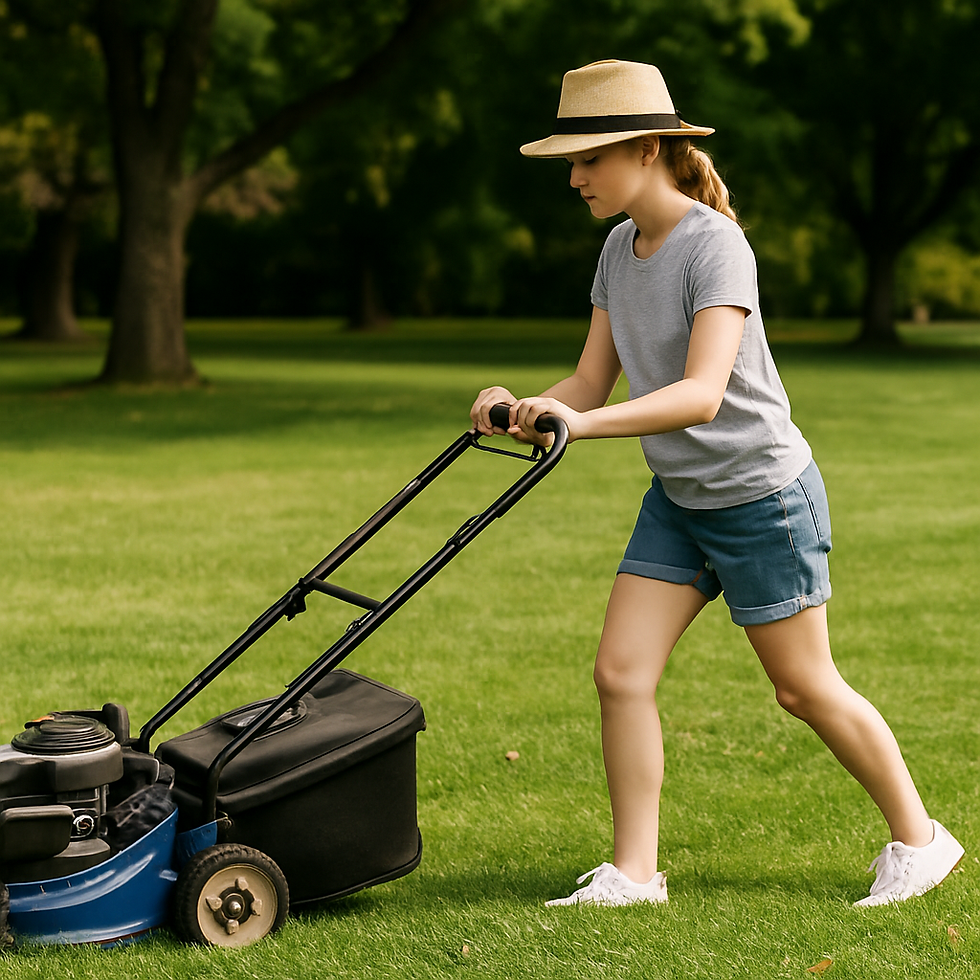 Girl in hat mowing lawn with blue mower in a park; wearing gray shirt and denim shorts. Green trees in background, sunny day.