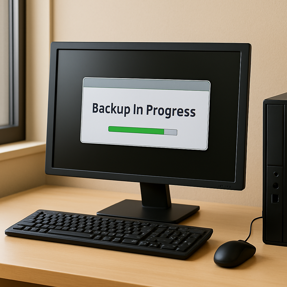 Computer screen on a desk shows "Backup In Progress" with a green bar. Keyboard and mouse are nearby, in an office setting.