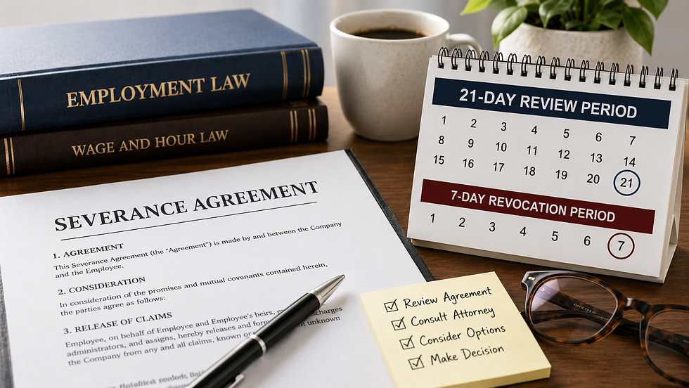 Desk with severance agreement, employment law books, review calendar, checklist note, pen, coffee, and glasses, suggesting legal review.
