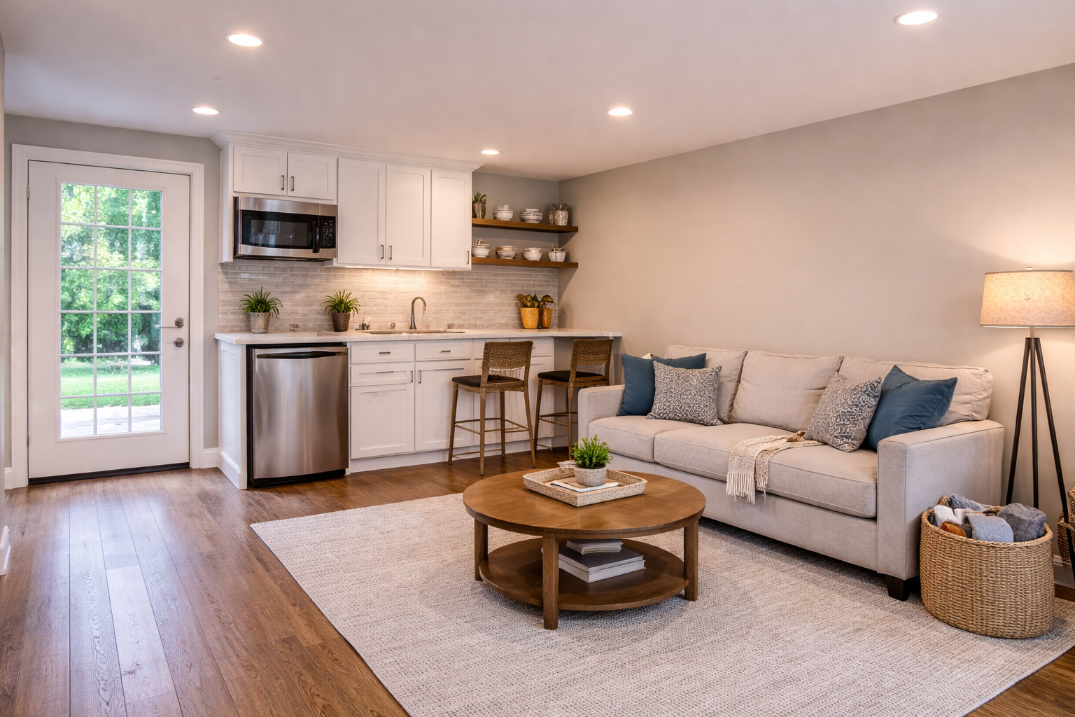 Modern living room with a beige sofa, wooden coffee table, and kitchen area. White cabinets, plants, and a tall floor lamp create a cozy feel.