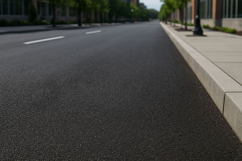 Freshly paved asphalt road with concrete curb
