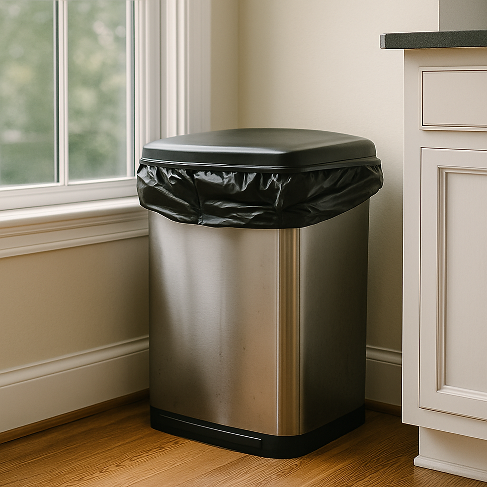 Stainless steel trash can with black lid and bag in a bright kitchen corner, near a window and white cabinets on wooden floor.