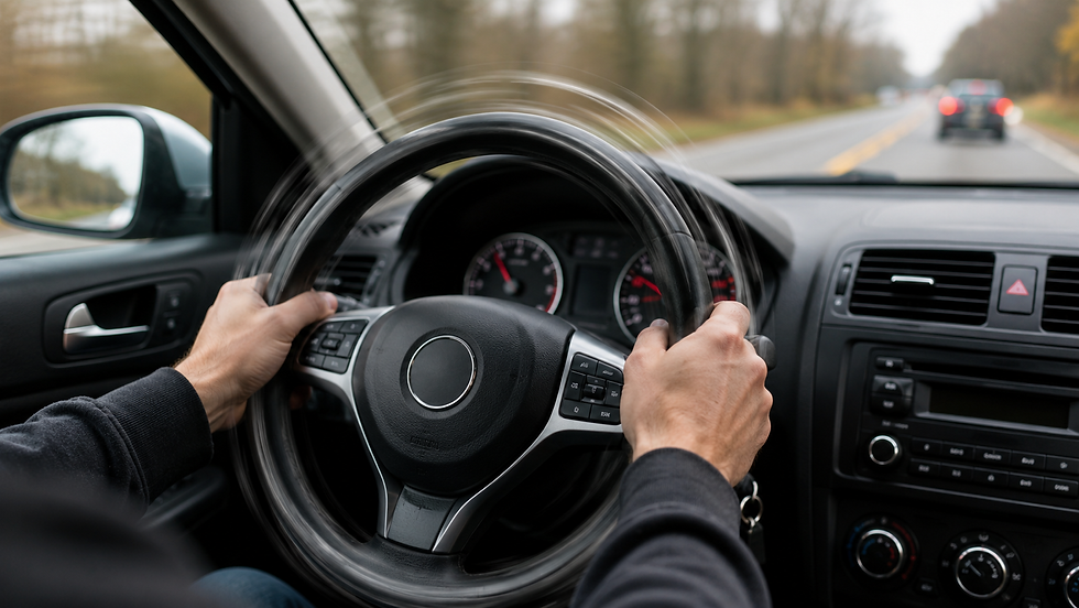 Driver’s hands grip a shaking steering wheel on a road, following a car ahead in a blurred, tense driving scene.