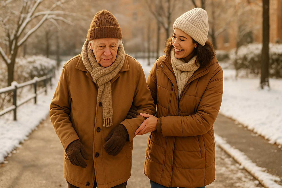 Elderly man and young woman in brown coats and knit hats walk arm-in-arm on a snowy path, smiling. Snow-covered trees in the background.