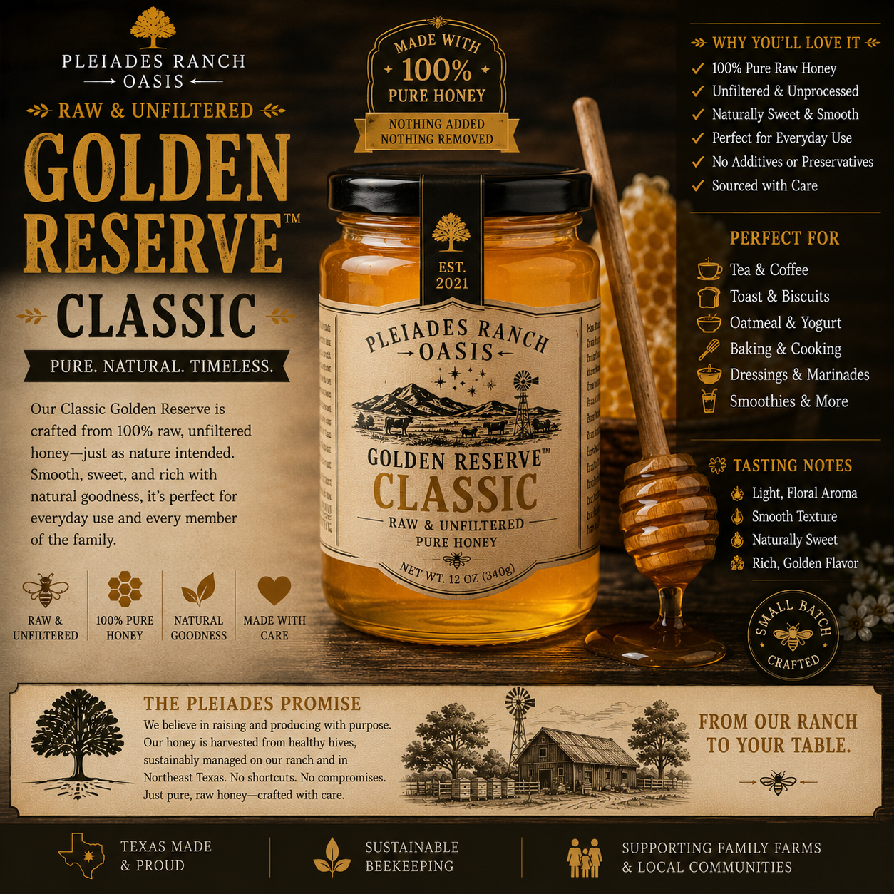 Pleiades Golden Reserve™ Classic honey by Pleiades Ranch Oasis