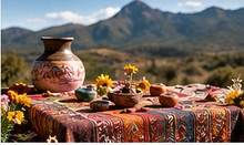 Andean-inspired ceremonial offering with pottery, flowers, and mountain landscape