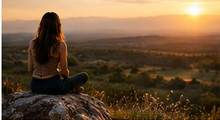Solo retreat traveler sitting quietly and looking across the landscape at sunset