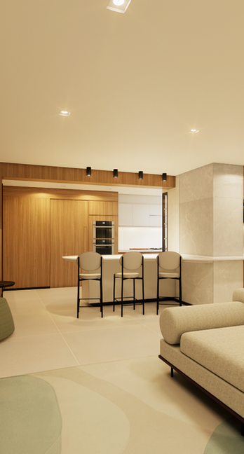 Sala de estar integrada à cozinha com design contemporâneo e sensorial, marcenaria em madeira clara, ilha com banquetas, iluminação embutida e mobiliário em tons neutros e verdes, criando um ambiente amplo, aconchegante e sofisticado.