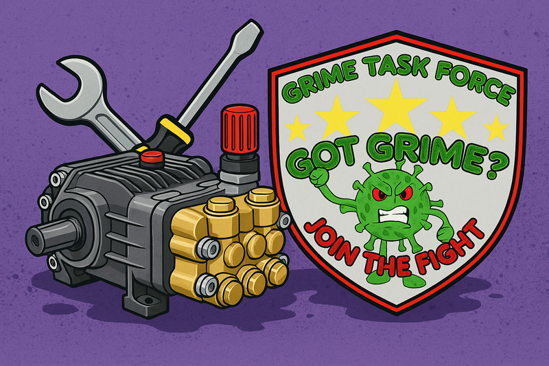 Animated triplex pressure pump with repair tools and the Grime Task Force shield logo, representing pump troubleshooting and repair.