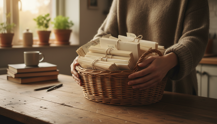 Eye-level view of a single pair of hands holding a full basket of folded papers at a kitchen table
