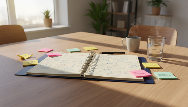Wide-angle view of a home dining table with an open binder and handwritten process pages.
