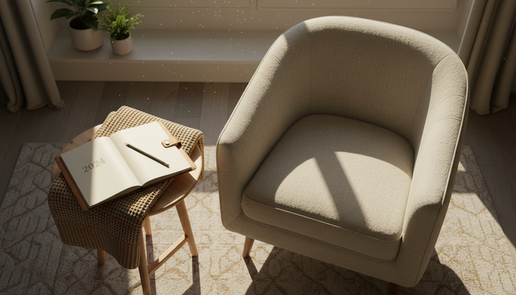 Overhead view of a quiet living room chair with a planner resting on a side table.