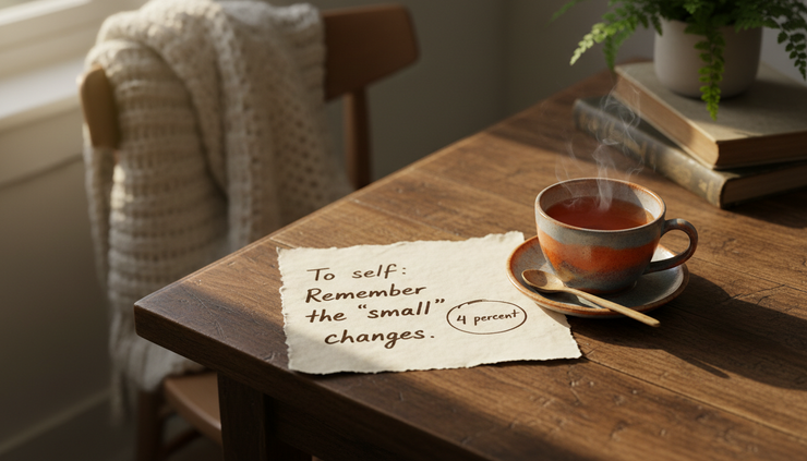 Close-up view of a handwritten note with a small circle marked four percent beside a cup of tea