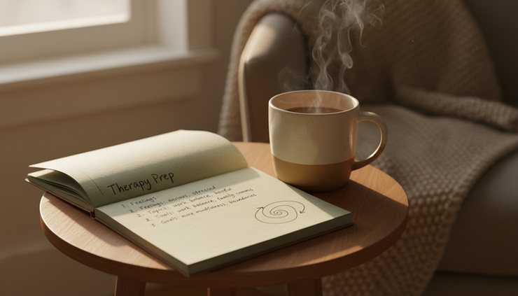 Close-up view of a notebook with a few handwritten thoughts beside a warm mug