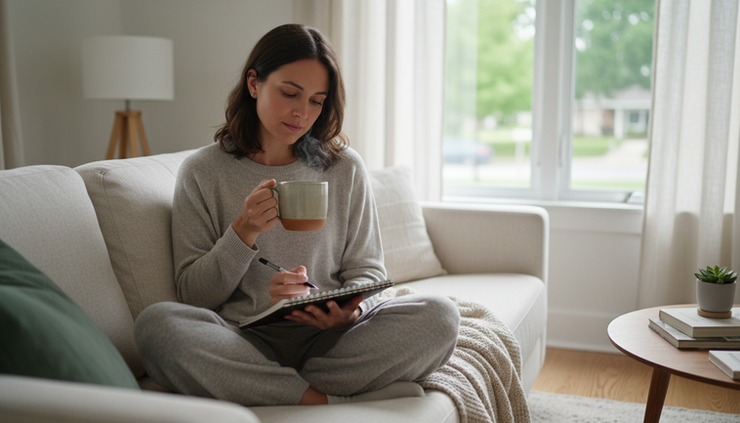 Eye-level view of a person sitting on a soft sofa with a notebook and tea before a first therapy appointment