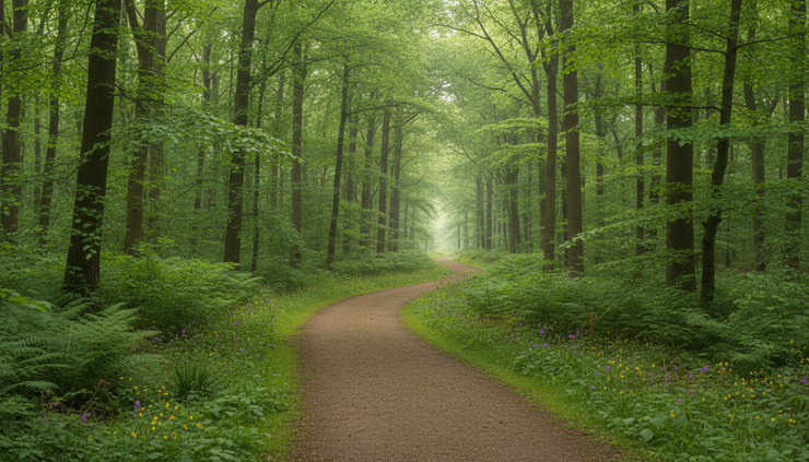 Wide-angle view of a quiet walking path through trees on a calm day