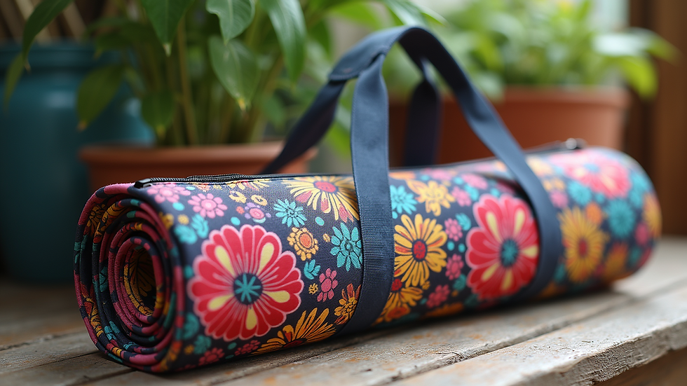Eye-level view of a colorful yoga bag with artistic patterns