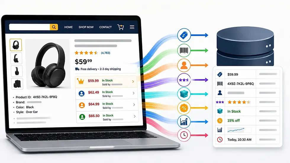 Infographic showing product, price, and seller data being extracted from an online marketplace product page and structured into a database, illustrating how Amazon scraping collects pricing and product information.