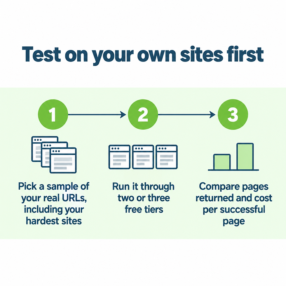 Three-step flow: sample your real URLs, run them through two or three free tiers, compare pages returned and cost per page