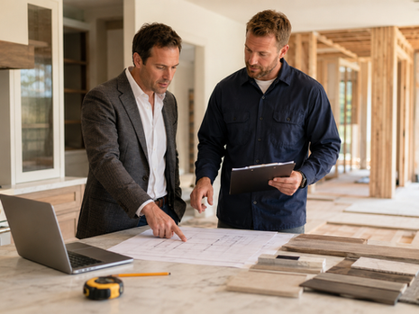 A Los Angeles homeowner reviews architectural plans with a professional general contractor in a modern home under renovation for builttoperfection.