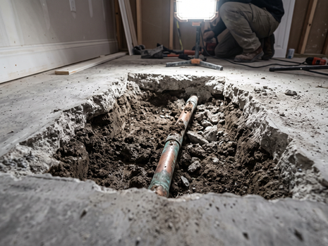 Jackhammered opening in a concrete slab cutoff revealing rough fractured edges, exposed dark soil, and a copper supply line running beneath a residential foundation under bright work light