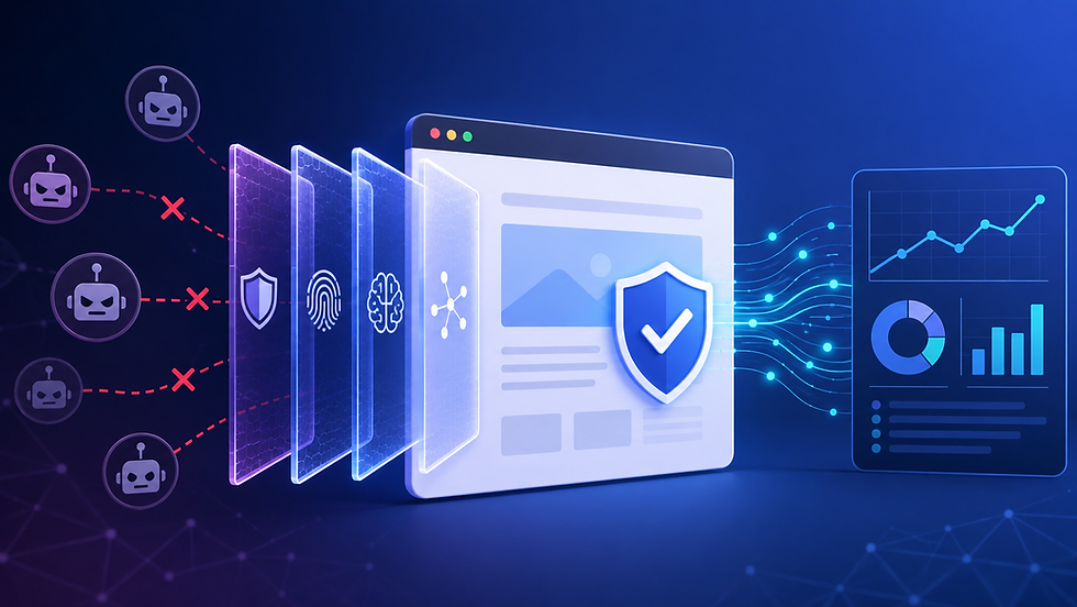 Layered anti-bot security filters block automated traffic while verified data flows into an analytics dashboard.