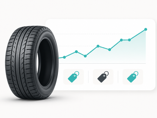 Minimal illustration of a car tire in front of a dashboard card with a line chart and price tag icons.