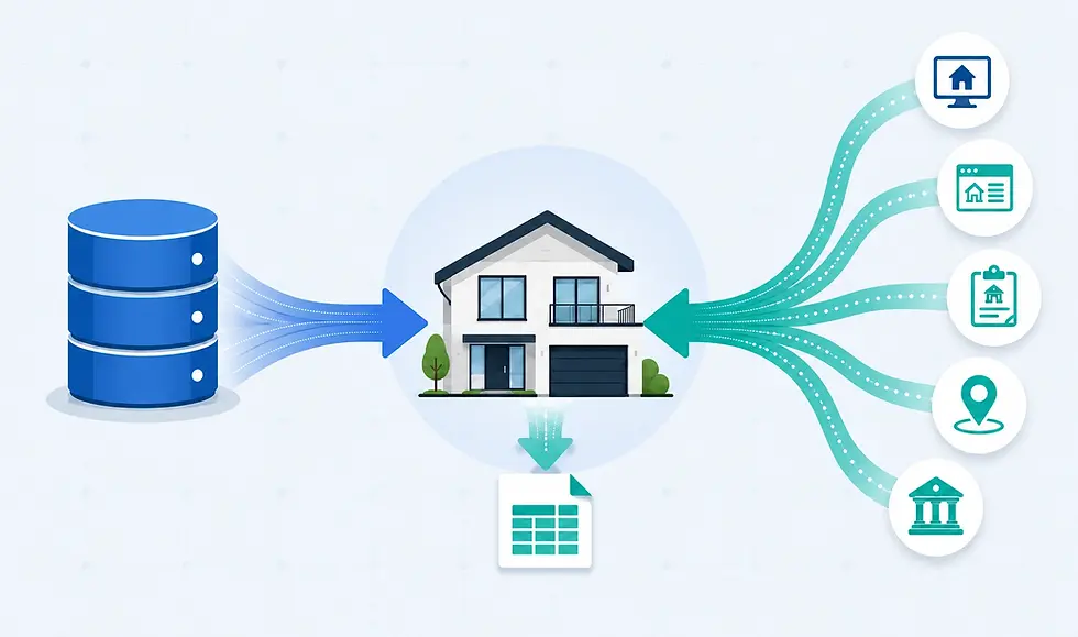 Modern house connected to multiple real estate data sources and a centralized property database.
