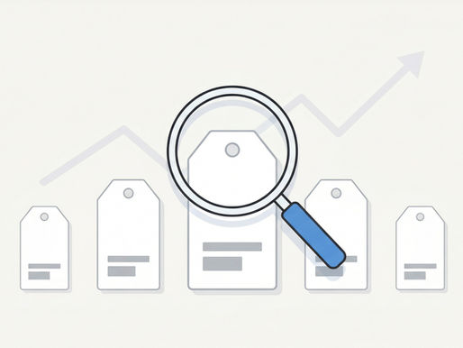 Flat design illustration of a magnifying glass analyzing a row of price tags, with an upward-trending chart representing growth and data analysis.