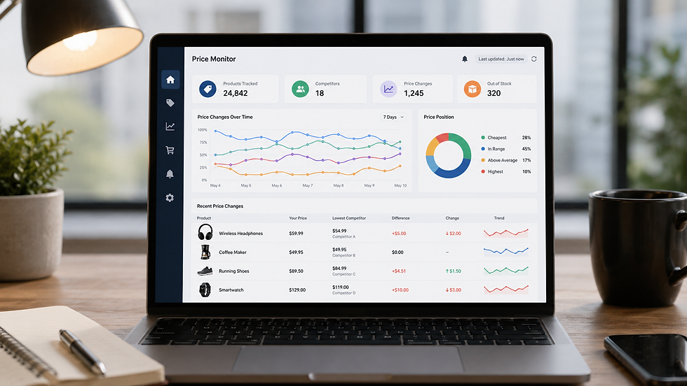 Laptop displaying a competitor price monitoring dashboard with pricing trends, stock levels, and product comparisons.