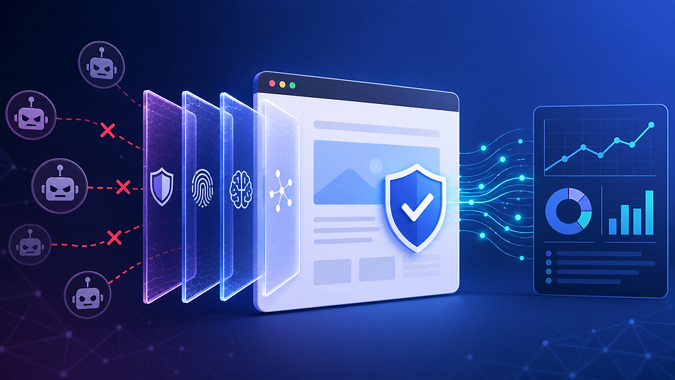 Layered anti-bot security filters block automated traffic while verified data flows into an analytics dashboard.