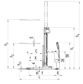 Thumbnail: Technical drawing of the CLC18FFLNS Fully Powered Straddle Stacker with key dimensions.