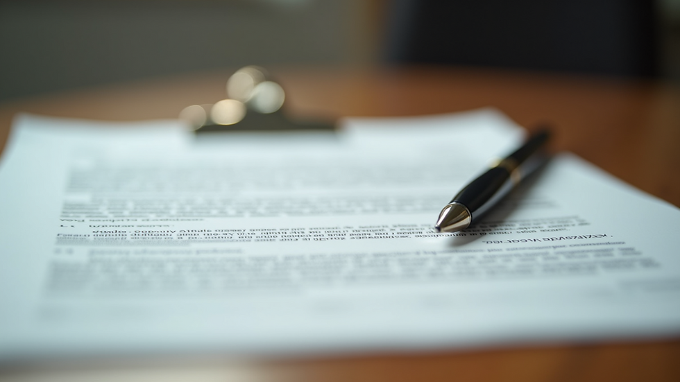 Close-up view of legal documents and a pen on a wooden desk