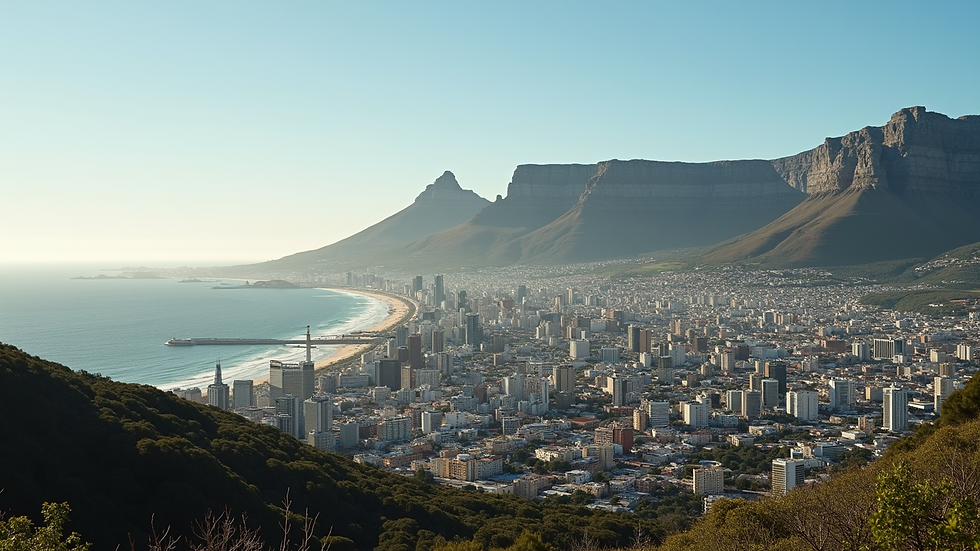 High angle view of Cape Town cityscape with Table Mountain in the background