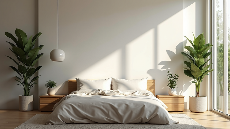 Vista de un dormitorio moderno y acogedor con plantas y decoración minimalista